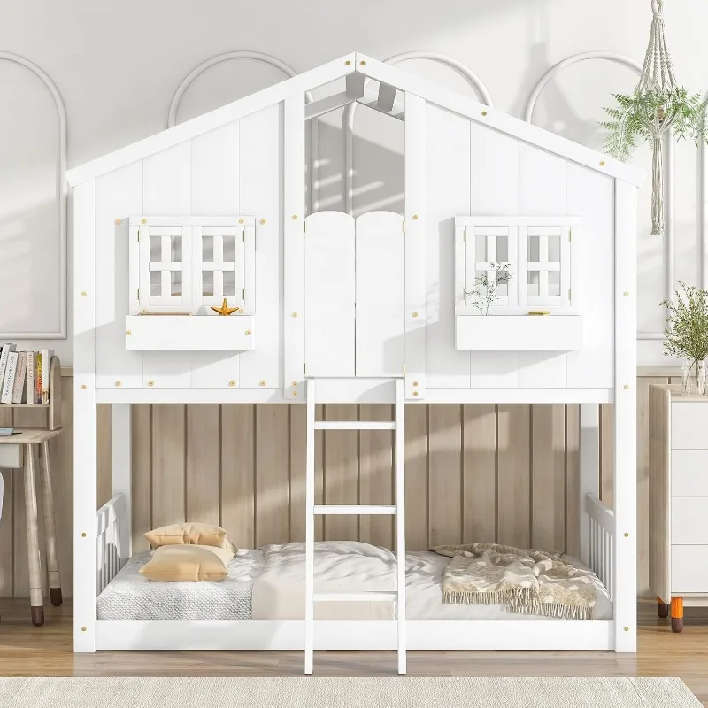 House Bunk Beds Two Twin Kids Bunk Beds Wooden Frame