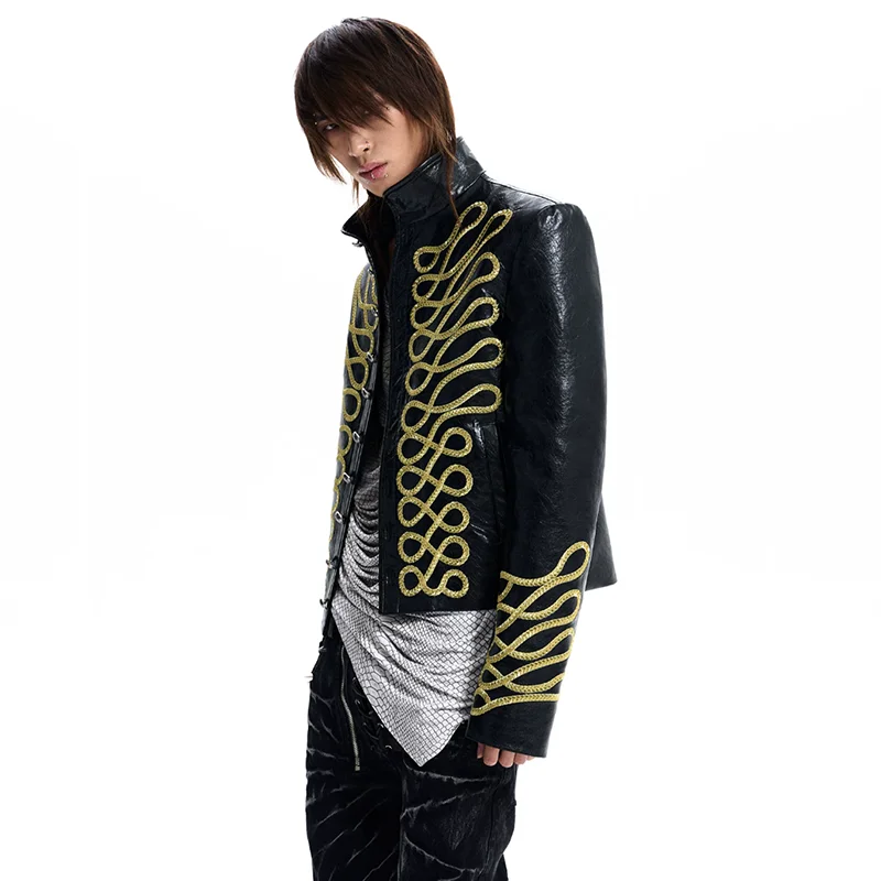 LUZHEN 2026 New Embroidery Weave Pattern Stand Neck Leather Jacket Men's Fashion Handsome Original Casual Male Clothes JY8775
