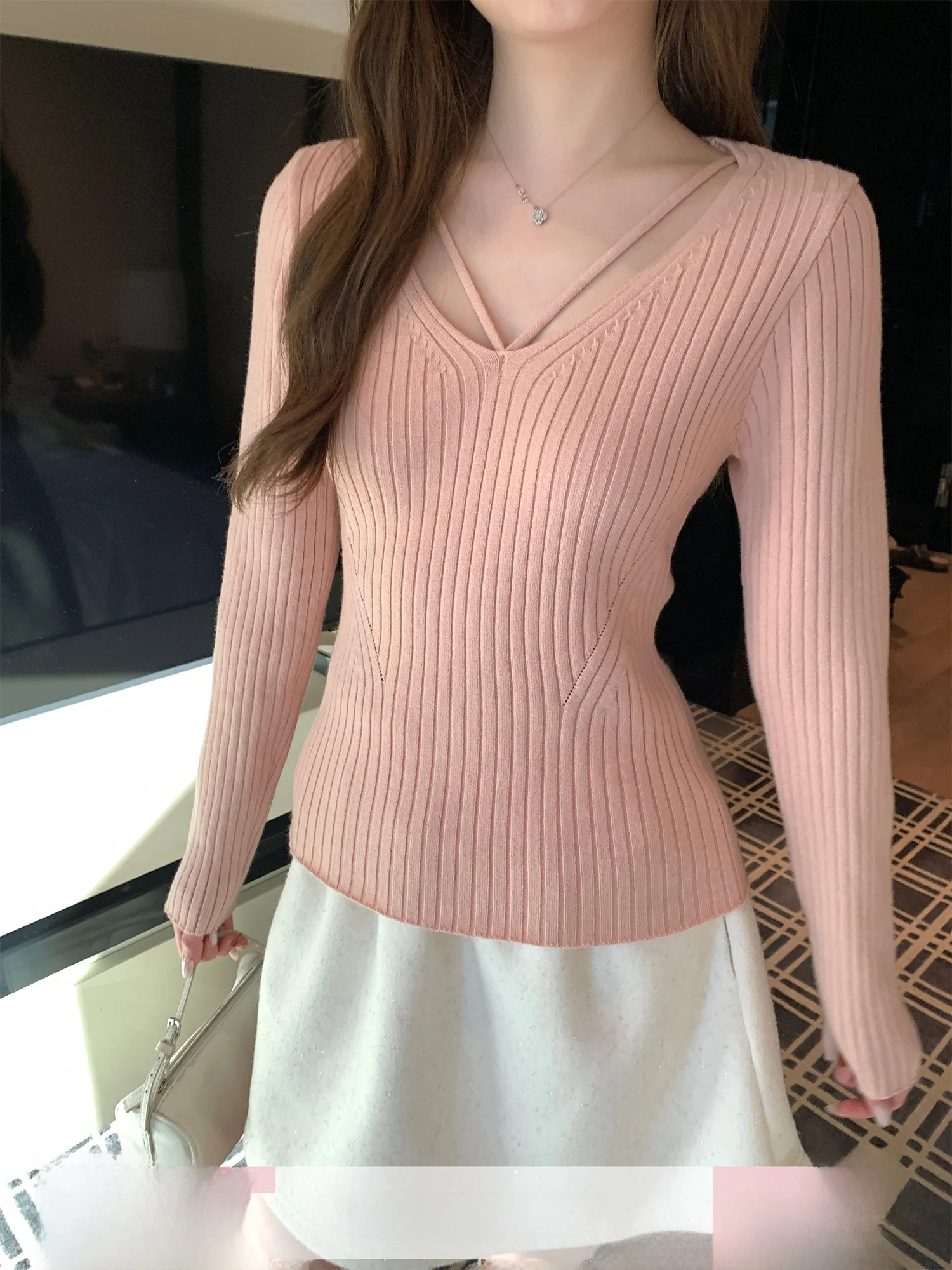 

Ele V-Ne Knitted Base irt Waist-Cinching Slimming Cherry Blossom Sunset Pattern Soft Long Sve Women's Faion