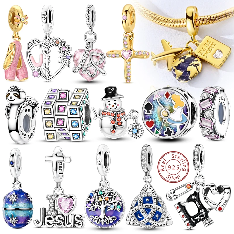 Heißer 925 Sterling Silber Charms Perlen Anhänger Ballon Hund Globus Flugzeug Kreuz Bowknot Charme für Armband Frauen DIY Schmuck Geschenk