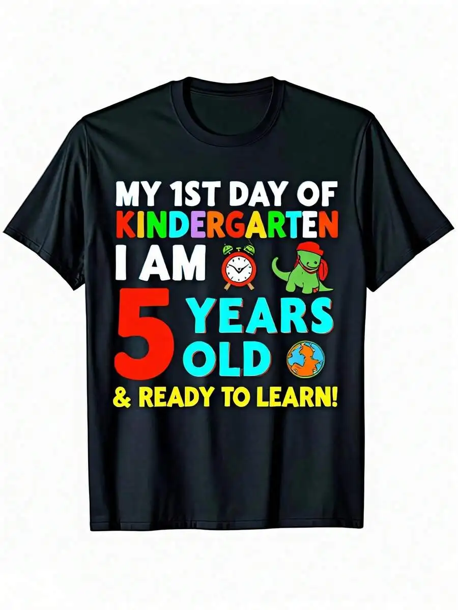 1pc Kids' Dinosaur Clock Globe Print Black TShirt, Crew Neck, Casual Cotton Tee, Medium Stretch Knit Fabric, Regular Fit For Boy