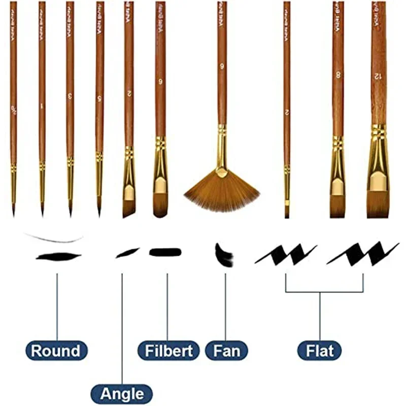 10ชิ้นพู่กันเส้นสั้นขนไนลอนสีน้ำตาลสำหรับระบายสีน้ำมันอะคริลิคชุดแปรงระบายสีสีน้ำหลากสไตล์อุปกรณ์ศิลปะ