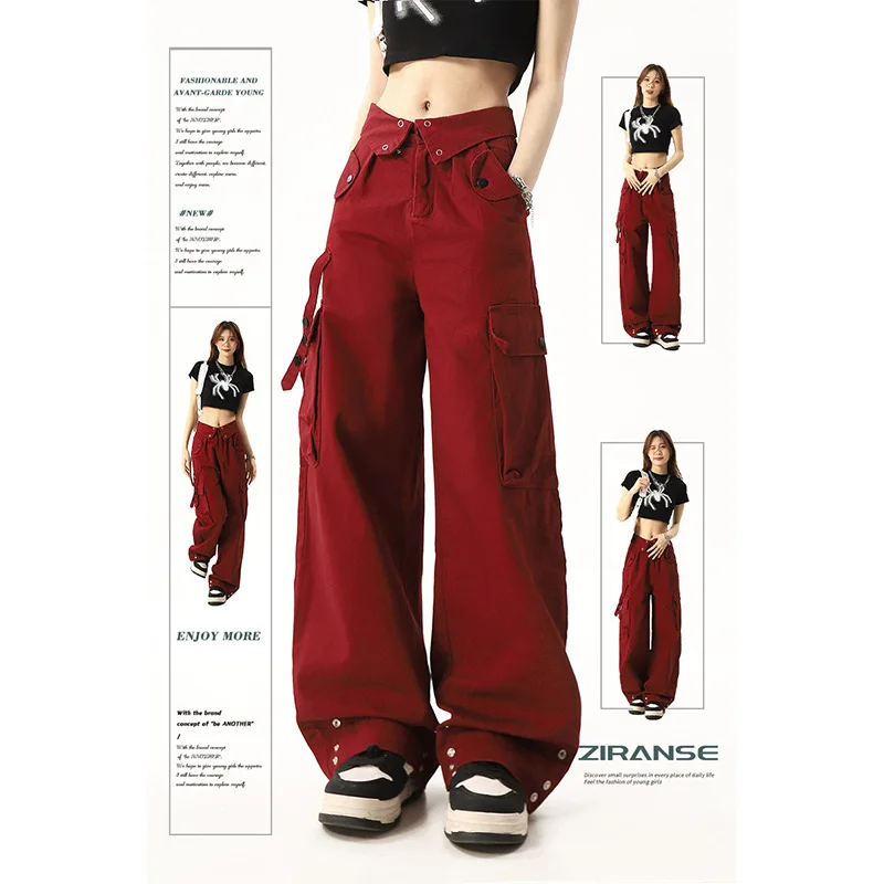 

Autumn High Street Burgundy Workwear Pants With Niche Design Vibe Functional Pants For Women's Straight Casual Pants Ins