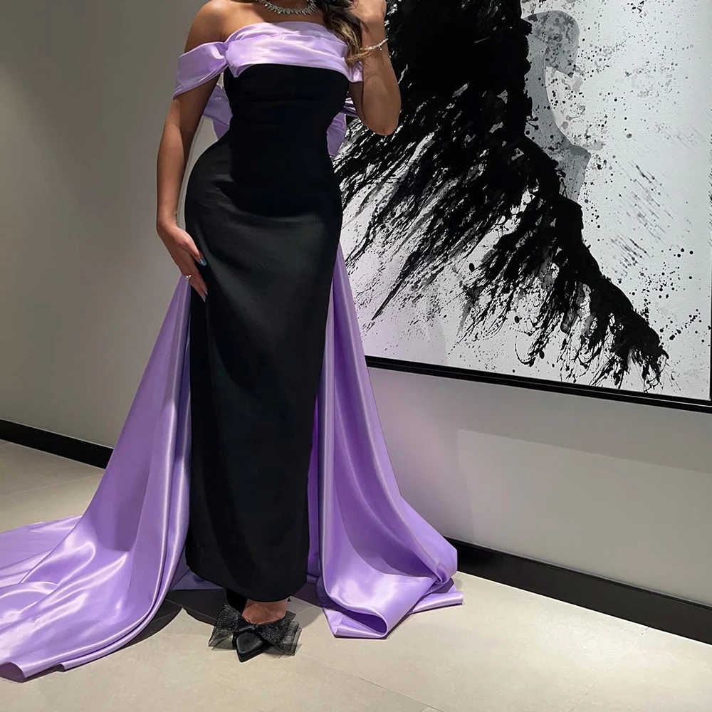 Formal and Delicate Off the Shoulder Satin Strapless Evening Dress Panel Train Straight Ankle Length Sleeveless Photo Color Gown