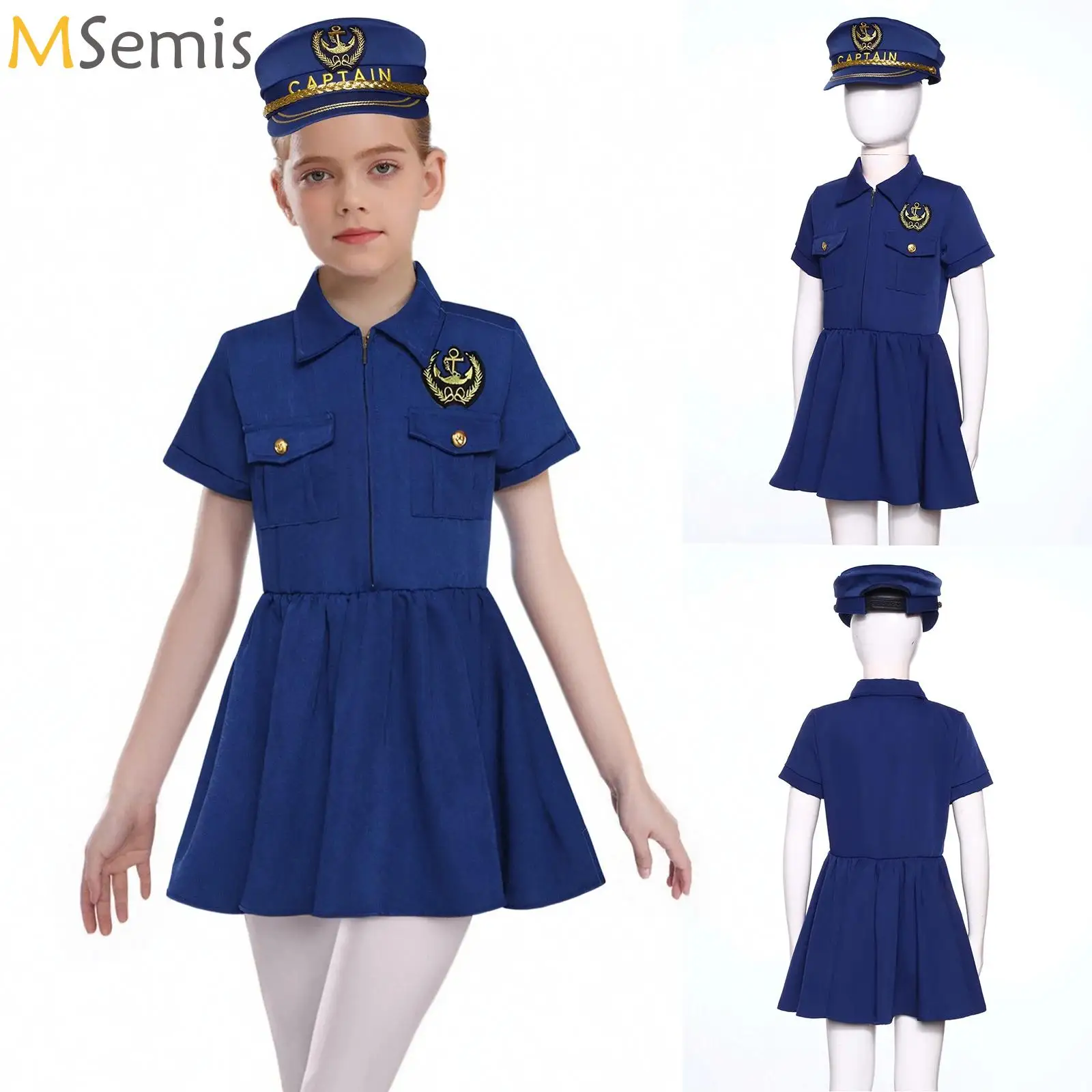 

Kids Girls Police/Pilot/Captain Dress with Hat Short Sleeve Professional Experience Clothing Children Halloween Cosplay Costume