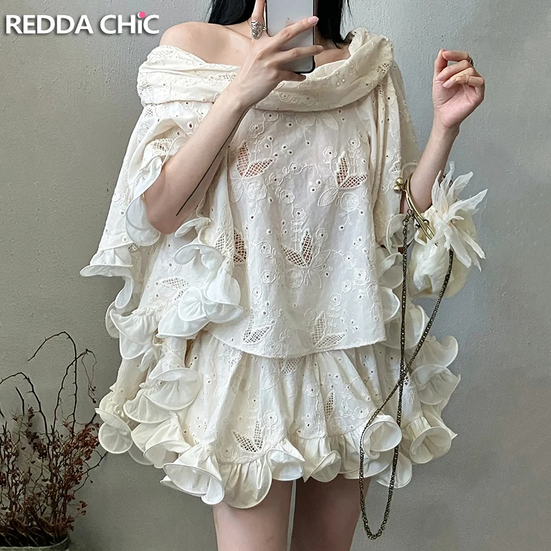 

REDDACHiC Romantic Ruffle Blouse Short Set Women Bohemian One-shoulder Top Embroidery Ruffle Skirt Skorts Holiday Summer Clothes