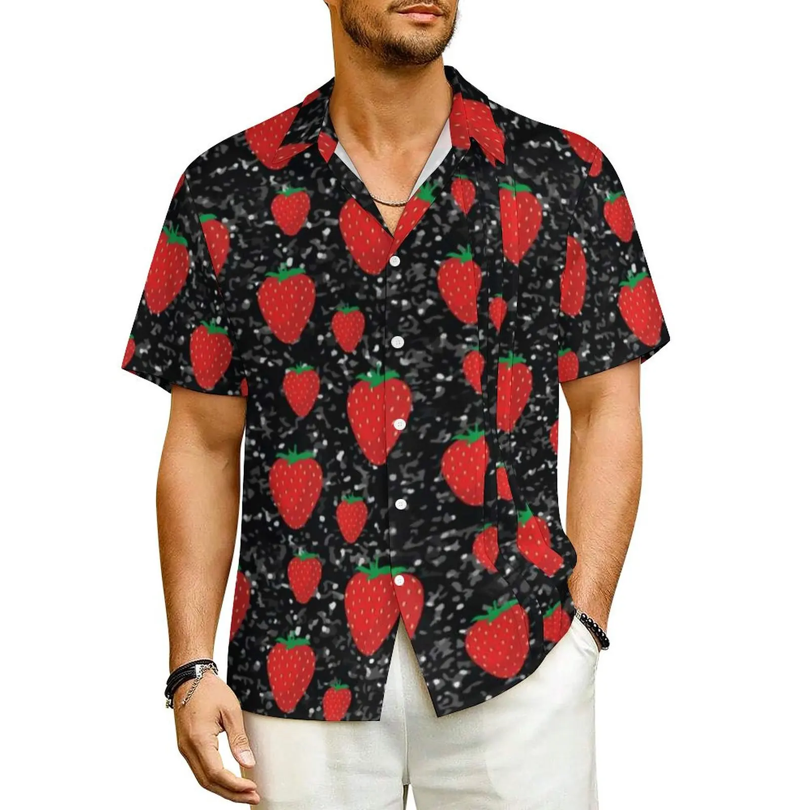 

Sweet Fruit Lovers Beach Shirt Man Red Strawberry Berries Cool Casual Shirts Hawaiian Short Sleeves Street Style Design Blouses