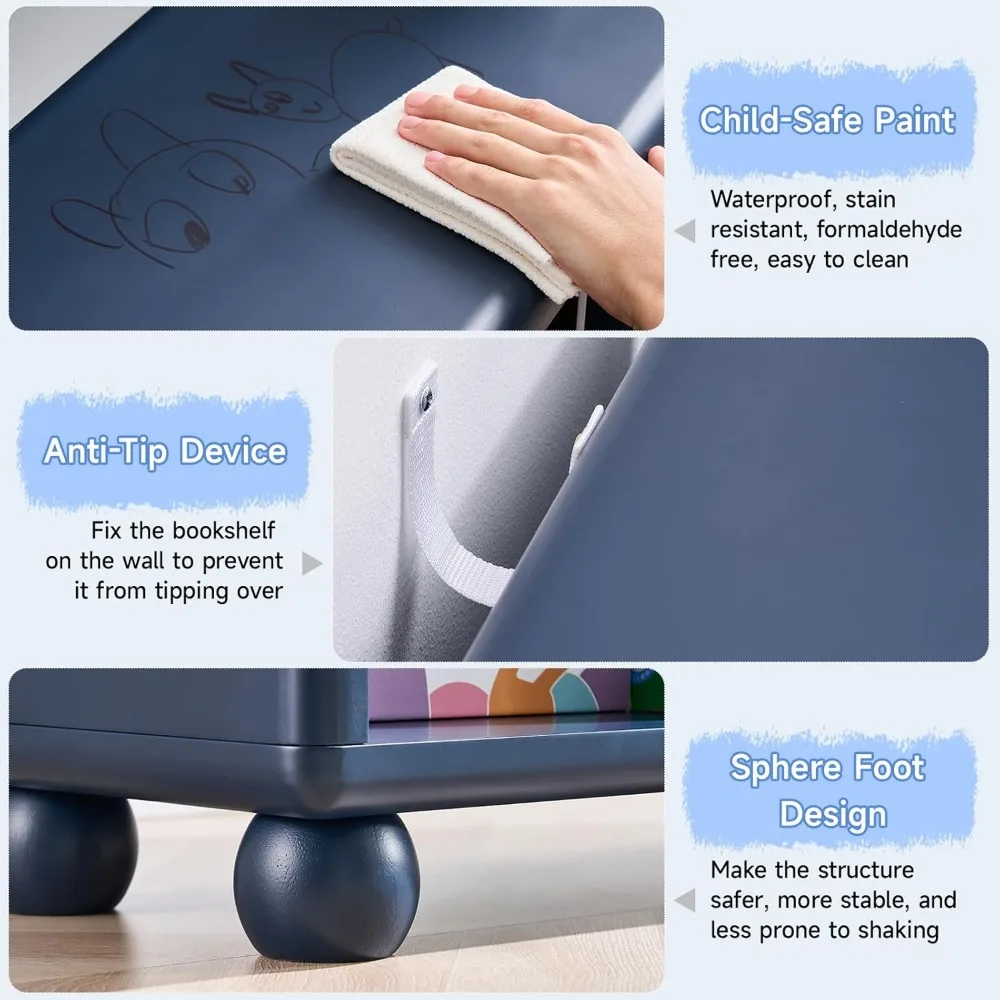 خزانة كتب خشبية كبيرة للأطفال مع 6 مكعبات للتخزين، منظم ألعاب البنات، طلاء آمن للأطفال، لوح سميك، خزانة تخزين للأطفال