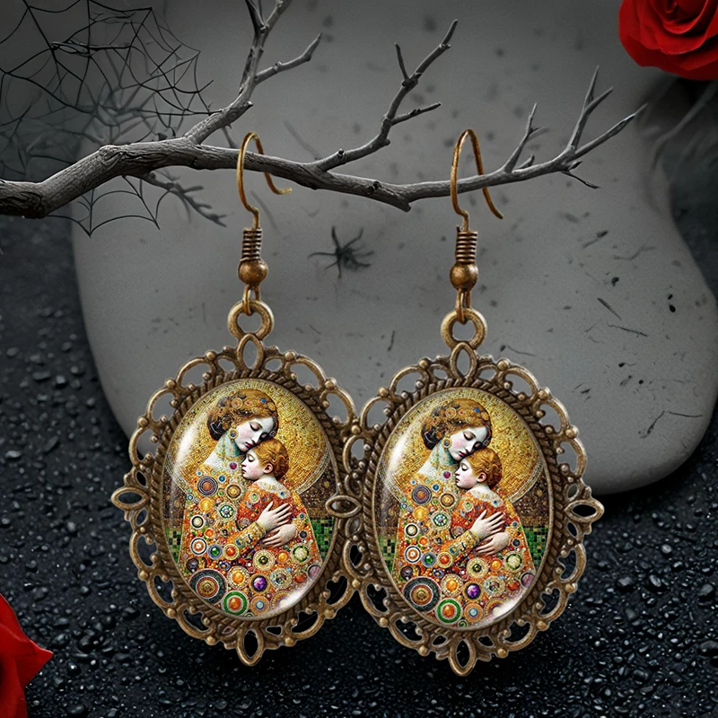 Vintage Mother and Baby Painting Picture Oval Glass Cabochon Flower Shaped Fish Hook Earrings Handmade Gifts