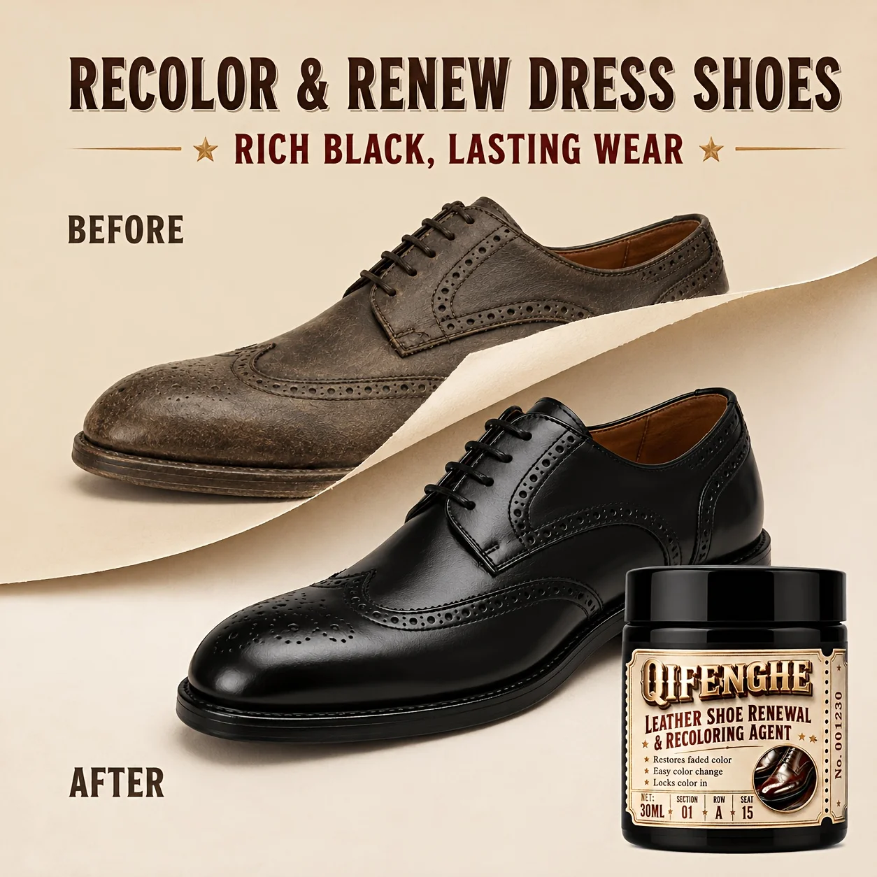 Agent de Renouvellement de Couleur pour Chaussures en Cuir 1.01oz – Flacon Applicateur Éponge Portable – Restaure les Couleurs Décolorées – Facile à Appliquer – Fixation de la Couleur