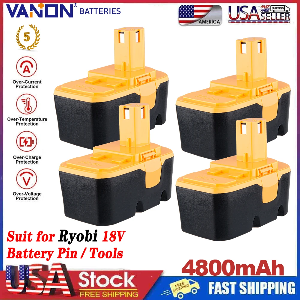 

VANON 1/2/4 упаковки, 18 В, 4,8 Ач, Ni-Mh P100, замена штифта батареи Ryobi 18 В P101 130224028 130224007 ABP1801 ABP1803 электроинструмент