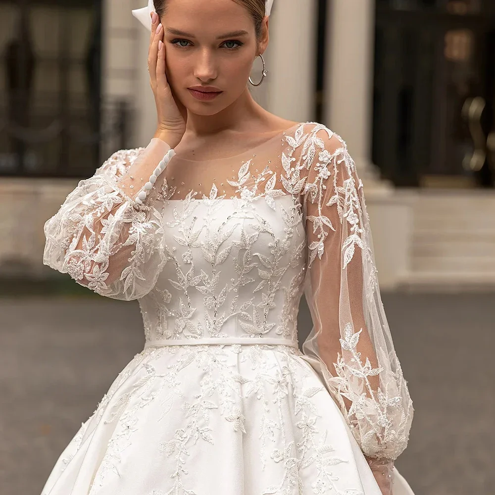 Classic Satin Wedding Dresses 2025 for Women O-Neck Long Sleeves Applique Bride Dress Sweep Train A-Line Wedding Party Gonws