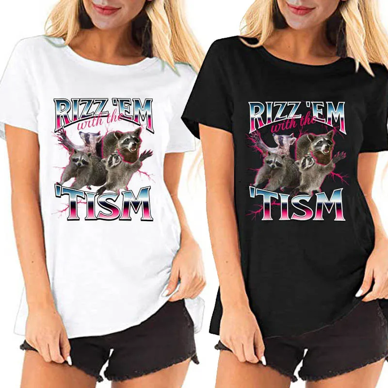 

Autism Funny Rizz Em with The Tism Meme Autistic Racoon T-Shirt Cute Women's Fashion Vintage 90s Style Bootleg Style Y2k Tee Top
