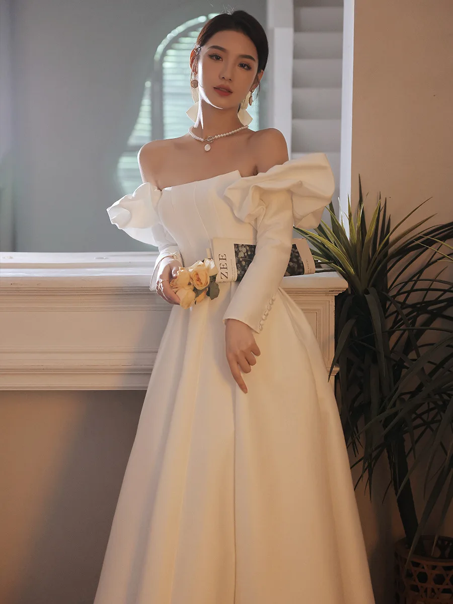 

French Style White Satin Wedding Dress Women Off Shoulder Long Sleeves A-line Wedding Dresses Simple Elegant Evening Gown