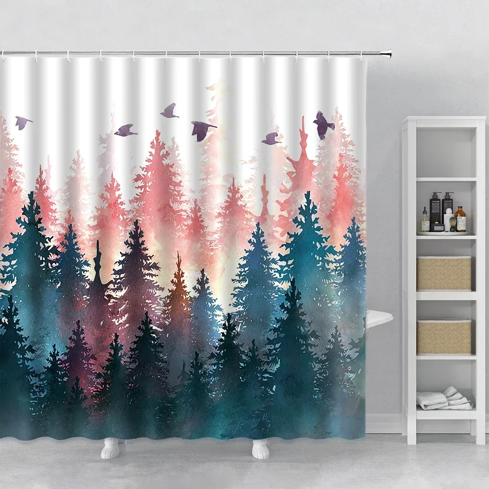 Blue Red Green Forest Scenery Shower Curtain Autumn Misty Jungle Bird Watercolor Landscape Bathroom Bath Curtains Bathtub Decor