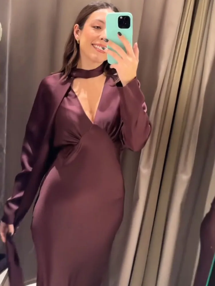 

HH Women's New Fashion Temperament Simple Silk Satin Scarf Long Dress Female Elegant V-neck Sexy Slim Long-Sleeved A-Line Dress