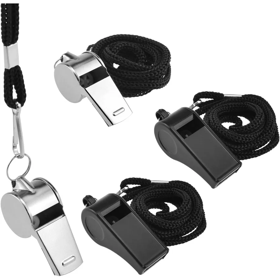 

4 шт. свисток из нержавеющей стали, спортивные свистки и пластиковый громкий четкий звуковой свисток, профессиональный свисток со шнурком для тренеров