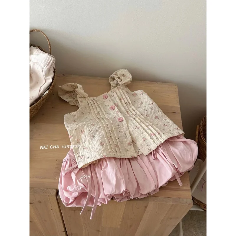 

【Spot Goods】Children's Outfit2025Summer Sweet Western Style Floral Strap Top Bud-Waisted Shorts Two-Piece Set