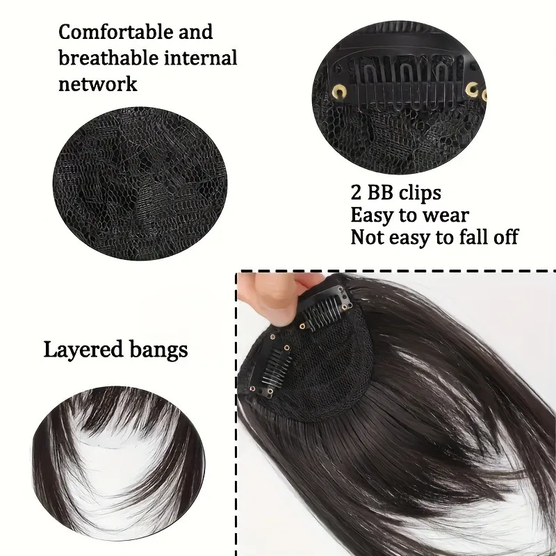 Flequillo Sintético con Clip con Patillas Marrón Oscuro para Mujer para Uso Diario y Fiestas 3