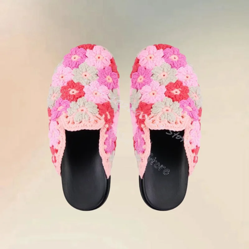 Colorful Knitted Flower Design Black Sole Slippers Slip On Women Shoes Low Top Round Toe Party Banquet 2024 Zapatos Para Mujere