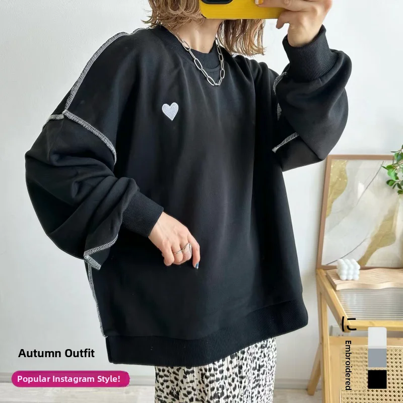 루즈핏 롱 스웨트셔츠 여성용 라운드 넥 하트 자수 어깨 드롭 디자인 한국 스타일 편안한 핏 스트리트웨어