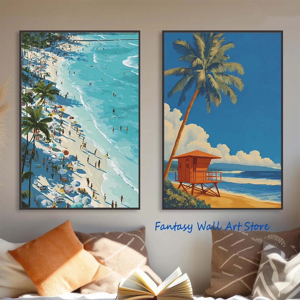 Tropical Palm Trees Beach Hawaiian Island Coastal Decor Summer Vacation Vibes Beach House Poster Canvas Painting Wall Pictures