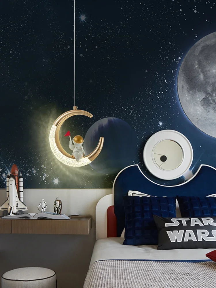 

Children's bedside chandelier luxury creative astronaut lamp head chandelier moon chandelier Boy Girl Bedroom lamp