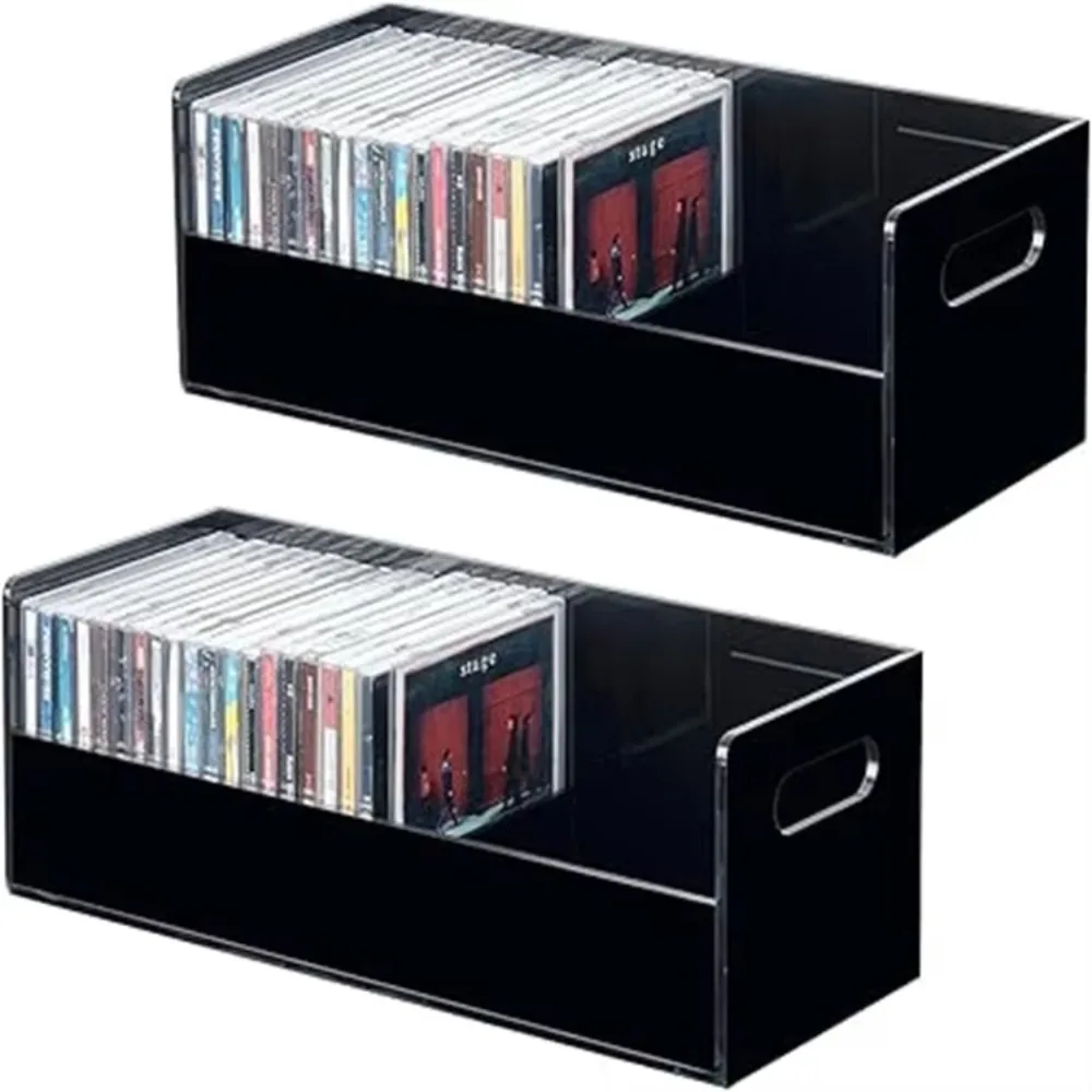 

Modern Advanced Black Acrylic Stackable CD Holder Racks with Cutout Carrying Handles Media Storage Organizers
