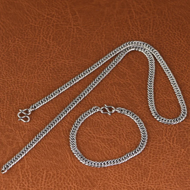 

1Piece Glossy 999 Fine Silver Cuban Chains Necklaces Bracelets for Men Shining Silver Crossed Links Jewelry Sets Braided Twists