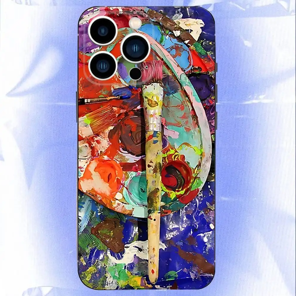 مجموعة الألوان المائية حالة الهاتف لوحة الطلاء 	   لهاتف iPhone 16e,16,15,14,13,12,11,Pro,X,XS,Max,XR,Plus,غطاء أسود ناعم صغير