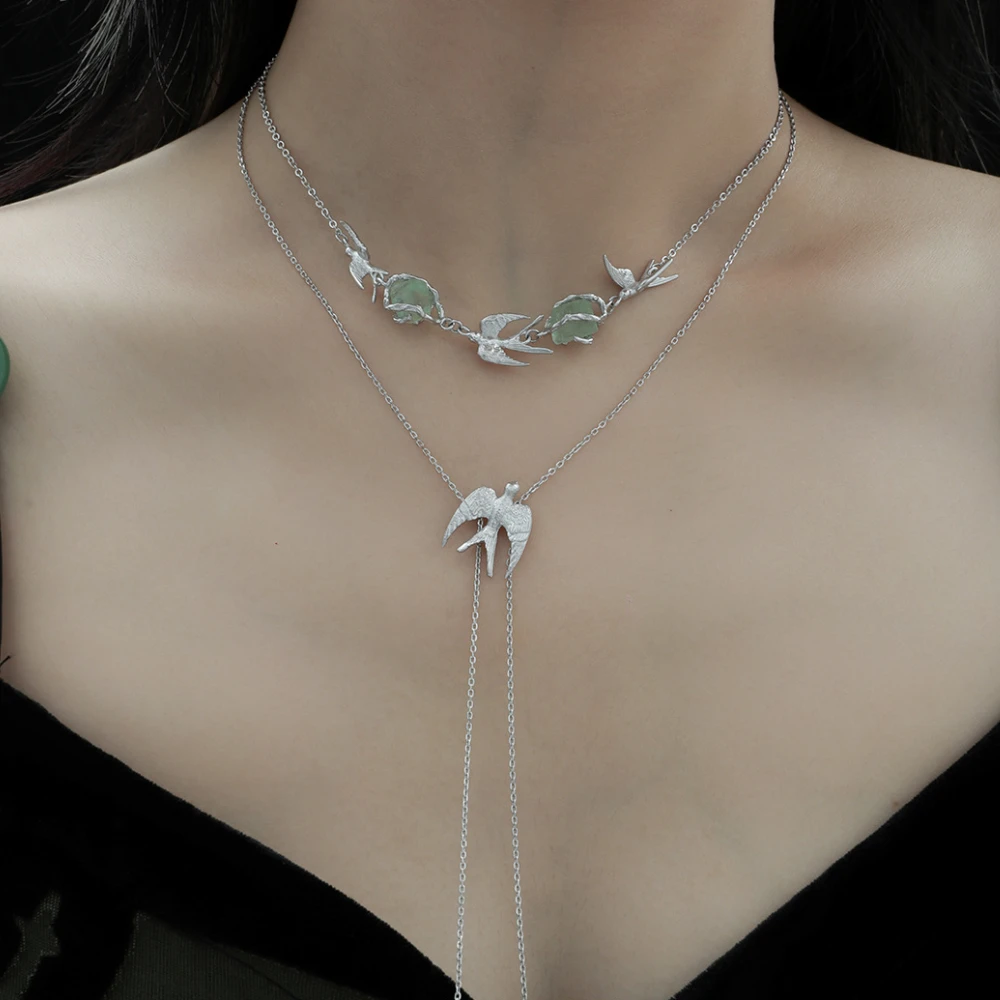 Bird Shaped Original Design Fluorite Pendant Niche S925 Sterling Silver Necklace Irregular Women's Fashion Jewelry Wholesale