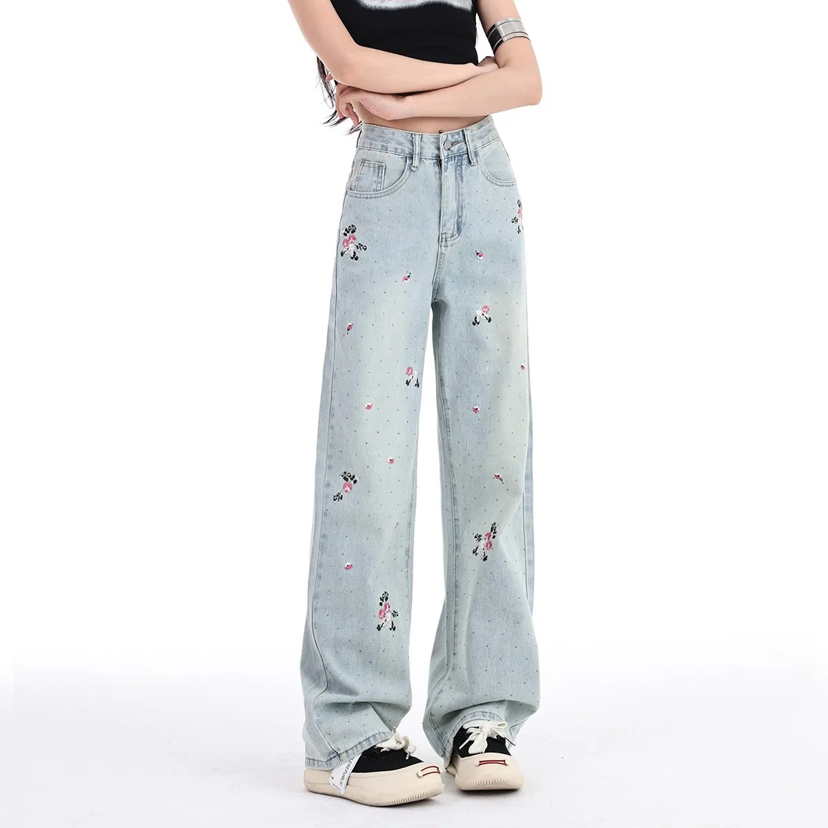 ZHISILAO Vintage Floral Print Jeans Women Blue Wide Leg Straight Full Length Denim Pants Korean Fashion Spring 2024