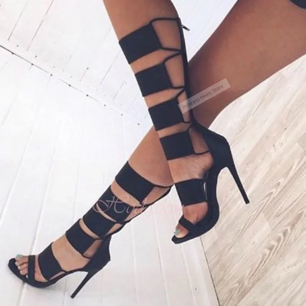 Cut Outs Straps Leather Sandals Boots Knee High Hollow Solid Stiletto Heels Women Sexy Sandals Summer Party Designer Colors Shoe