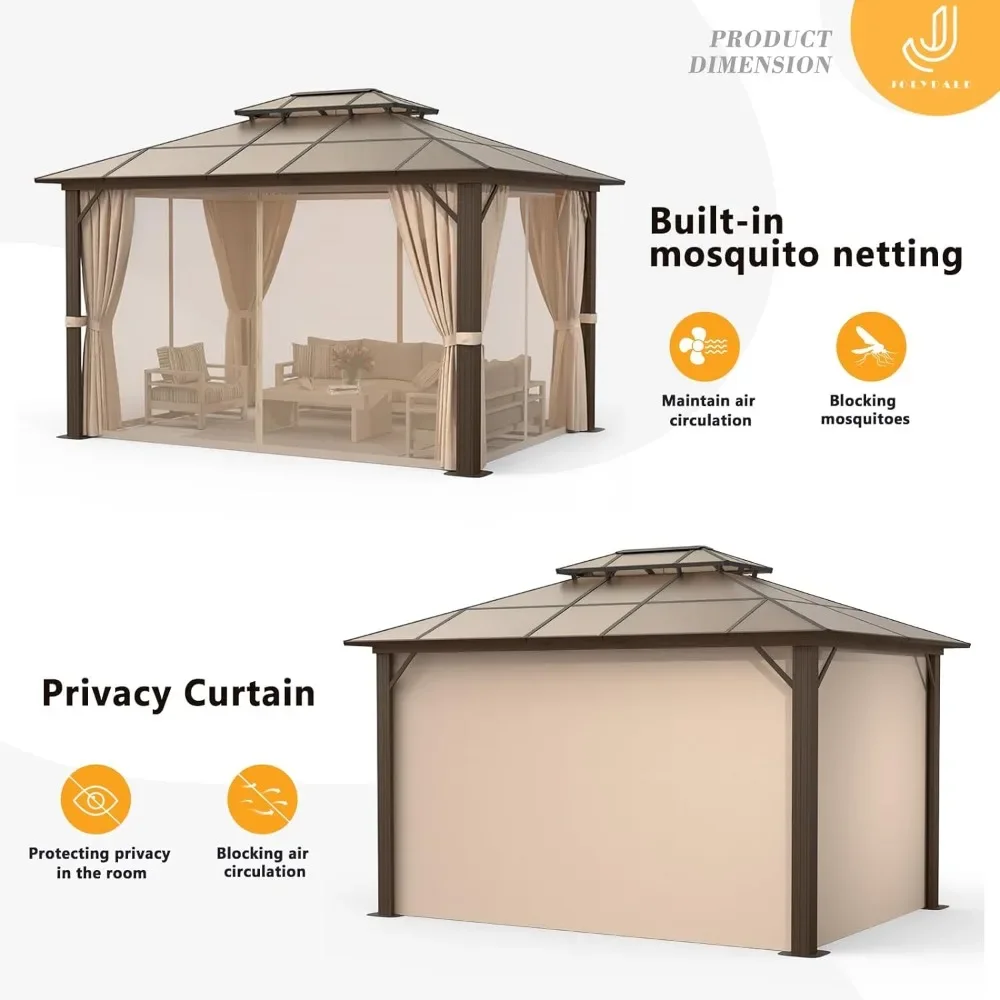 10'x12' Hardtop Gazebo, Double Roof Gazebo, Aluminum Frame Permanent Pavilion with Netting and Curtains, Outdoor