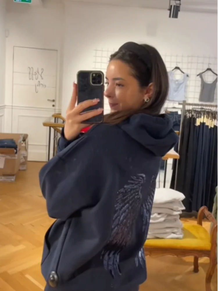 Chic Navy Blue Sequin Angle Pattern Hoodie Sweatsuit Long Sleeve Loose High Street Pullover 2025 New Lady Autumn Winter Coats