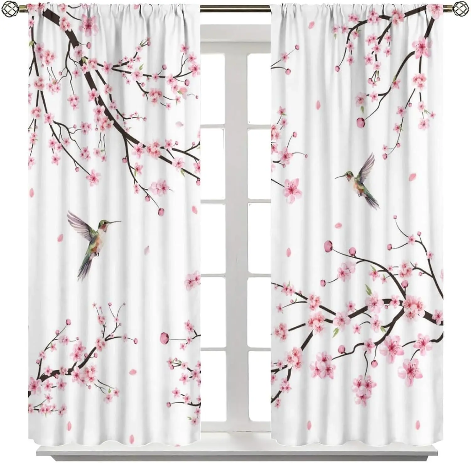 Elegant Sakura Cherry Blossom Floral Curtains Pair Window Drapes for Spring Home Decor Polyester Curtain Panels