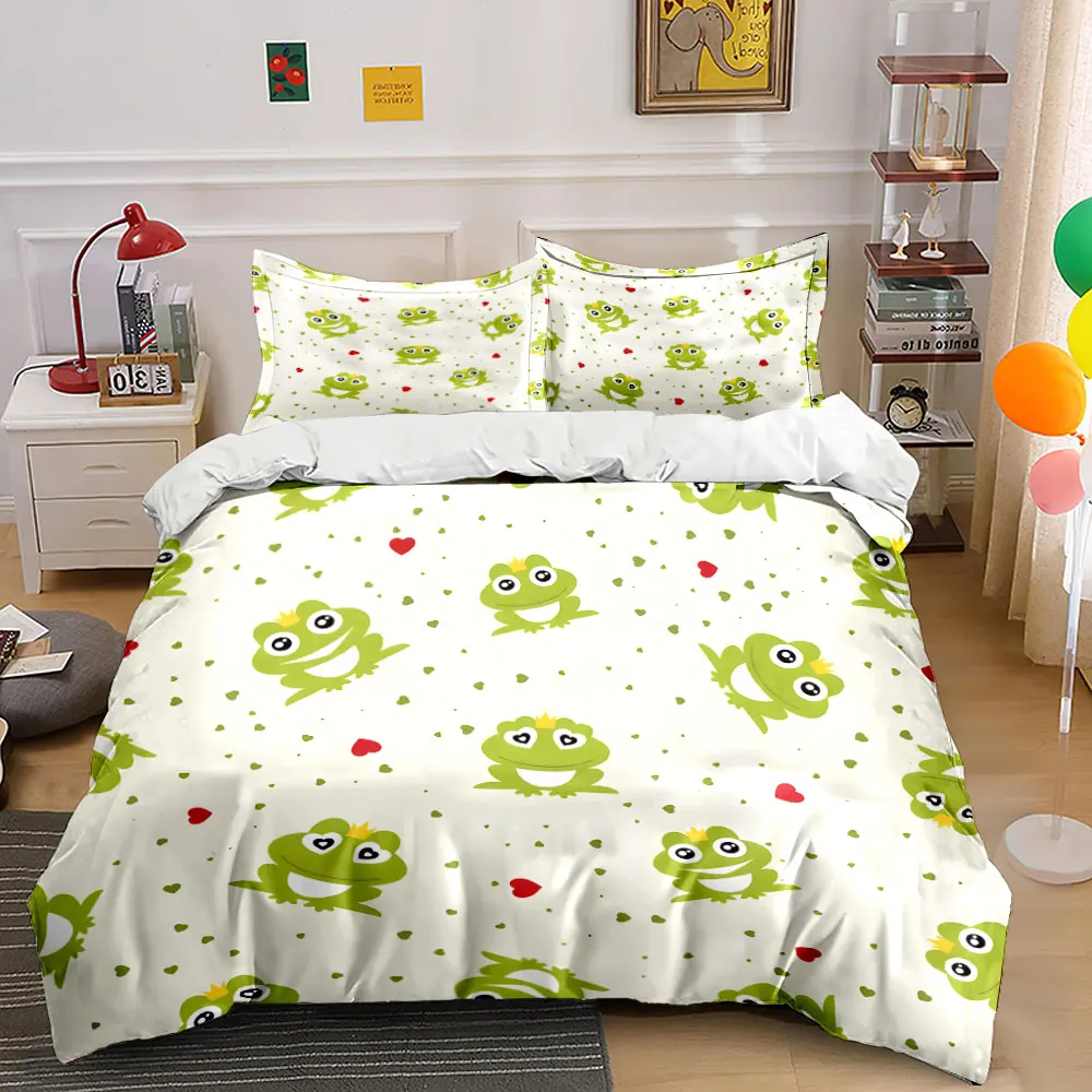 Cute frogs with heart patterns Bedding Set for Kids Luxury Gift 3pcs Digital Print Comforter Set Soft Comfortable Breathable