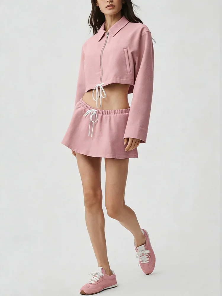 Women's Casual Suit Breathable Stand Up Collar Zipper Jacket Top Drooping Relaxed Waist Drawstring Short Skirt Sportswear image 4