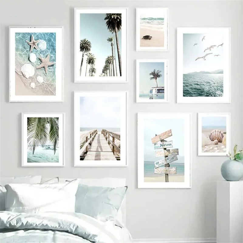 Beach, Sea, Palm Tree Poster, Wall Art Canvas Painting, Bridge, Leaf, Turtle, Seagull, Shell, Starfish Prints, Summer Pictures