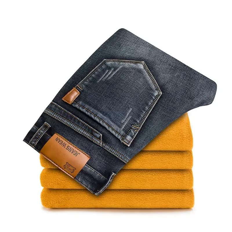 Winter New Solid Color Fashion Trend Thick Warm Straight Leg Jeans Men's Casual Loose Sports High-Quality Plus Size Pants 28-40