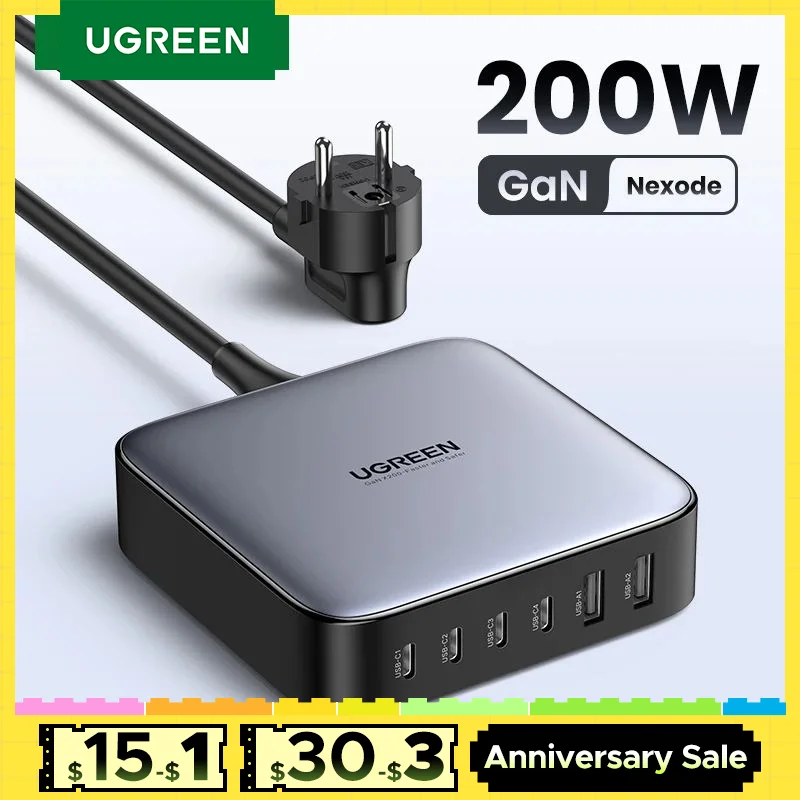 【KR Plug】UGREEN 200W GaN Charger 6 in 1 Desktop Adapter For iPhone 16 15 Pro Xiaomi Samsung Tablets Macbook Air Laptop Charger