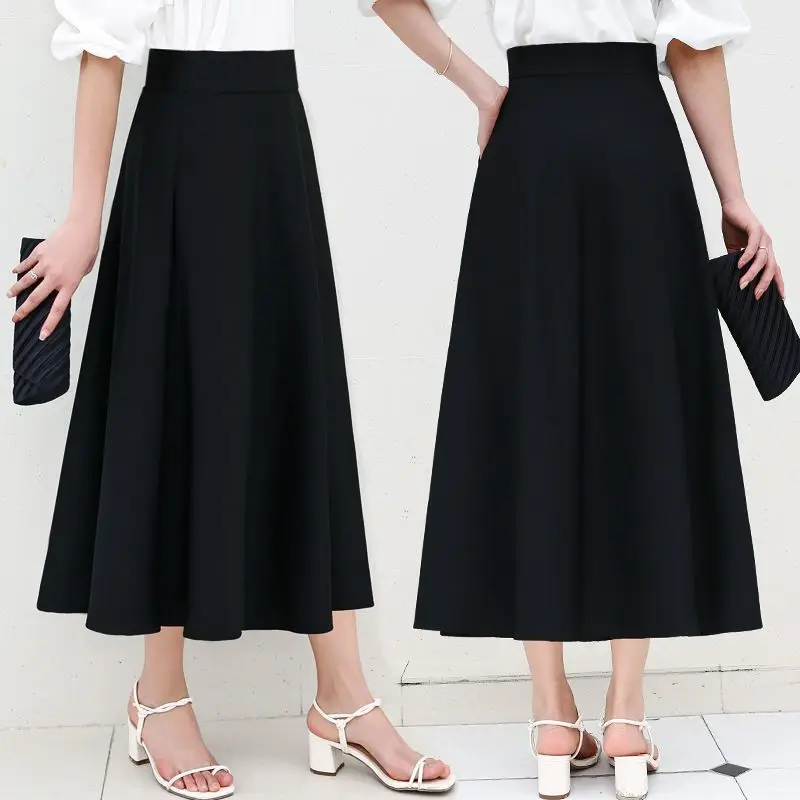 Temperament Fashion Solid Color Pocket A-line Skirt High Waisted Office All-match Casual Slim Summer Lady Umbrella Skirt