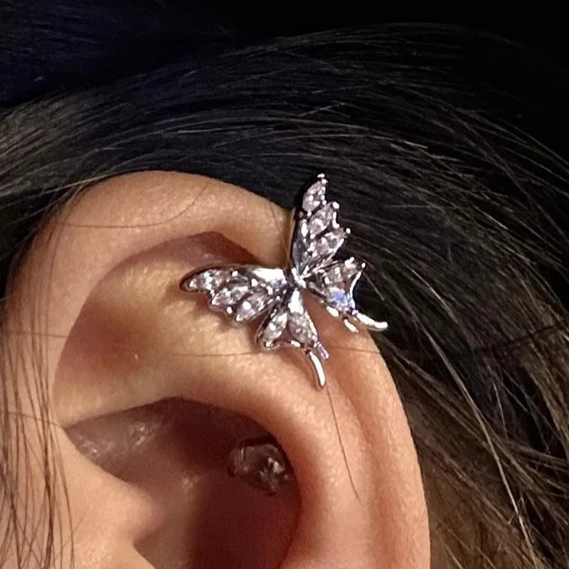 Stainless Steel Gold Color Butterfly Ear Clip Without Piercing For Women Sparkling Zircon Ear Cuff Clip Earrings Fashion Jewelry
