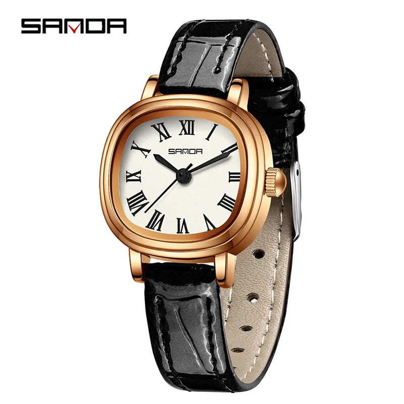 SANDA 1137 orologio al quarzo da donna moda elegante marrone nero semplice orologio da polso con cinturino in pelle con Display analogico romano per donna