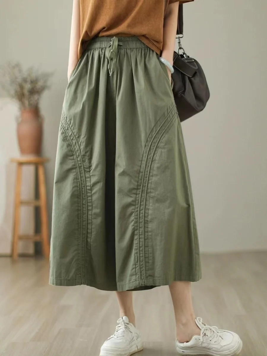 

Свободные широкие хлопковые брюки для женщин, летние, в художественном стиле, с эластичным поясом, укороченные, простые, повседневные, прямого кроя