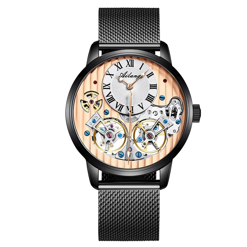 New AILANG 8821B Luxury Watch Automatic Luminous Black Clock Double 2 Tourbillon Waterproof Mechanical Watch Relogio Roman scale