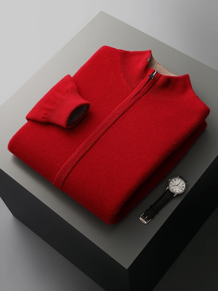 

CHICUU Men's 100% Wool Sweater Mock Neck Zipper Cardigan Thick Smart Casual Style Sweater Autumn Winter High Quality Knitwear