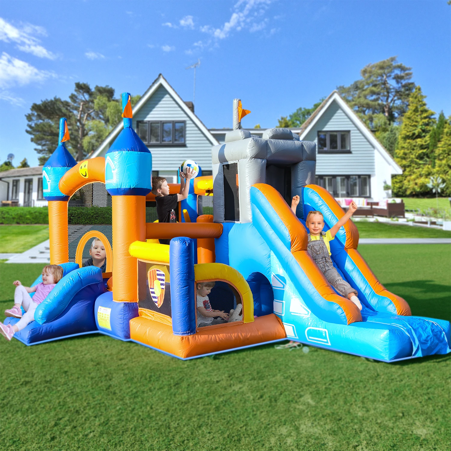 Casa inflável do castelo das crianças 16x11.7x10ft pvc inflável casa do salto com 2 slides túneis escalada, aros de basquete poço da bola, jum