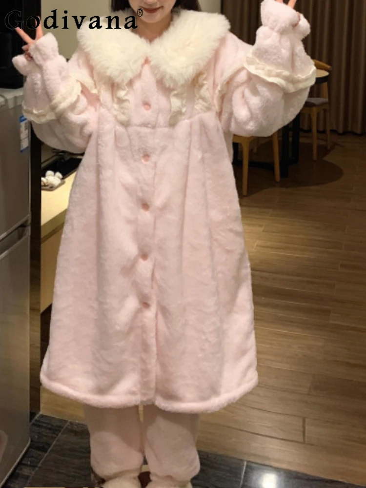 

Plus Size Cute Sweet Princess Nightdress Women Autumn Winter Thickened Warm Coral Velvet Pink Pajamas Pangts Loungewear Sets