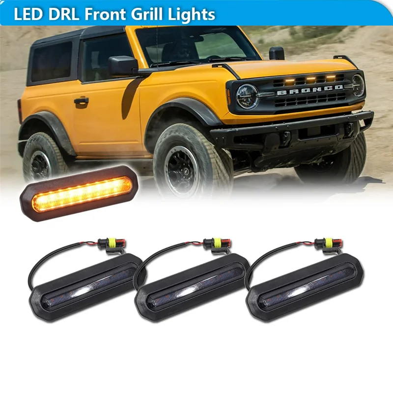

For Ford Bronco 2021 2022 2023 Car Raptor-style LED Front Grille Mesh Marker Lights w/ Wiring Harness & Fuse Assemblies 3PCS 12V